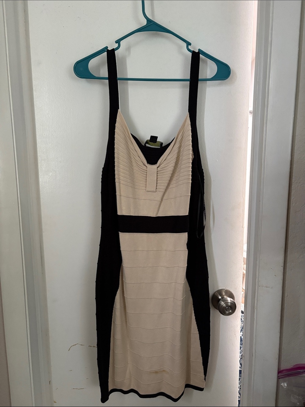 Forever 21 Beige and Black Sleeveless Midi Bandage Dress